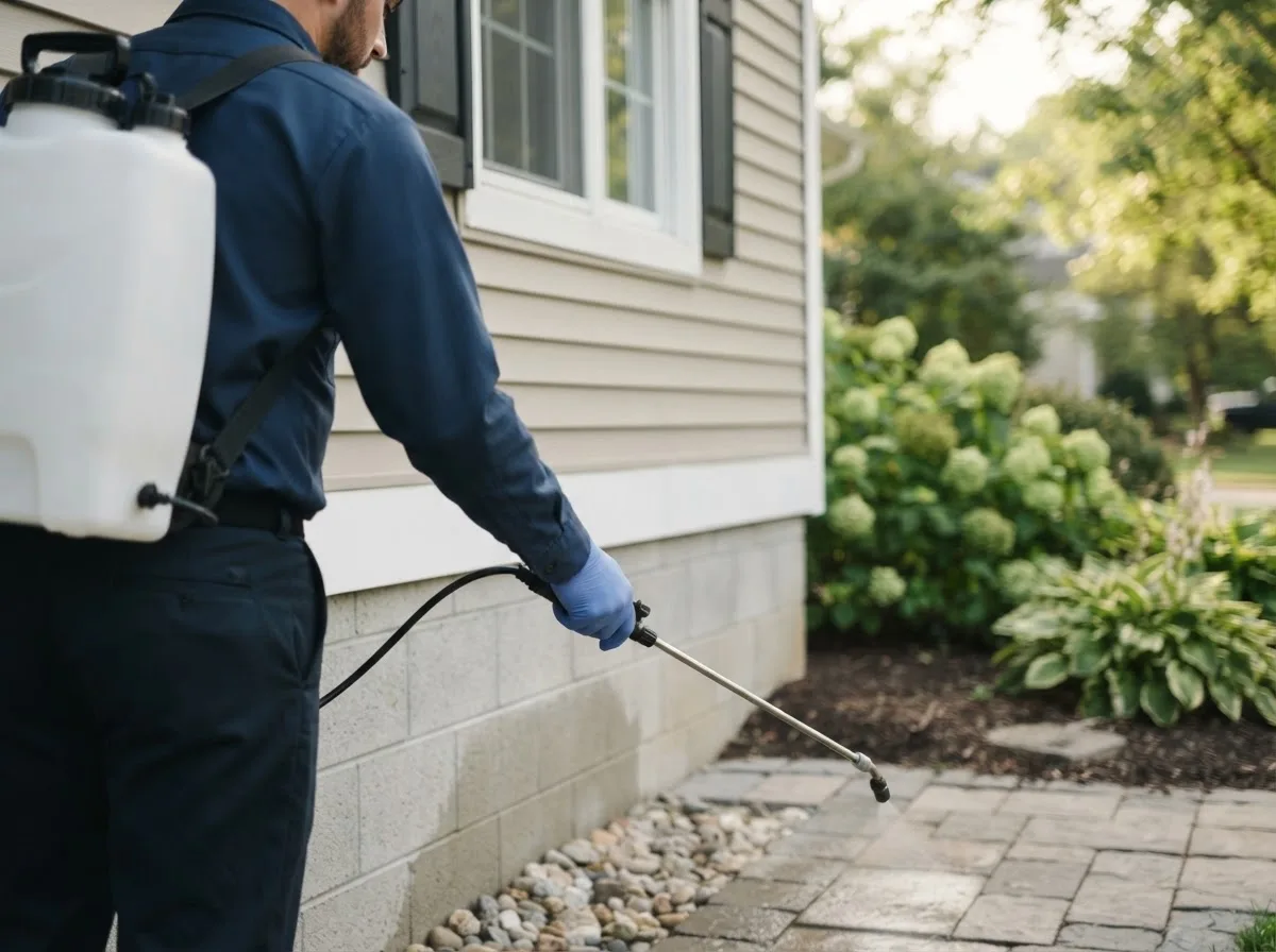 Pest control technician inspecting a home in Walton, NE